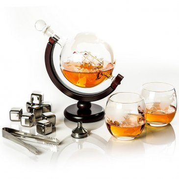 Garrafa de whisky Globe de 0,85 litros, con 2 vasos y 8 cubos de piedra para whisky