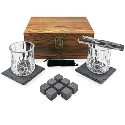 Set de whisky en caja de madera con vidrio, pinza de hielo, posavasos y piedras de whisky