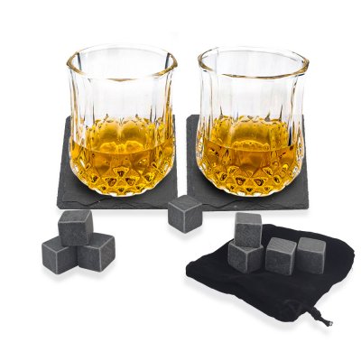 Set de whisky en caja de madera con vidrio, pinza de hielo, posavasos y piedras de whisky