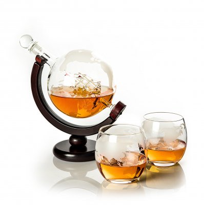 Garrafa de whisky Globe de 0,85 litros, con 2 vasos y 8 cubos de piedra para whisky